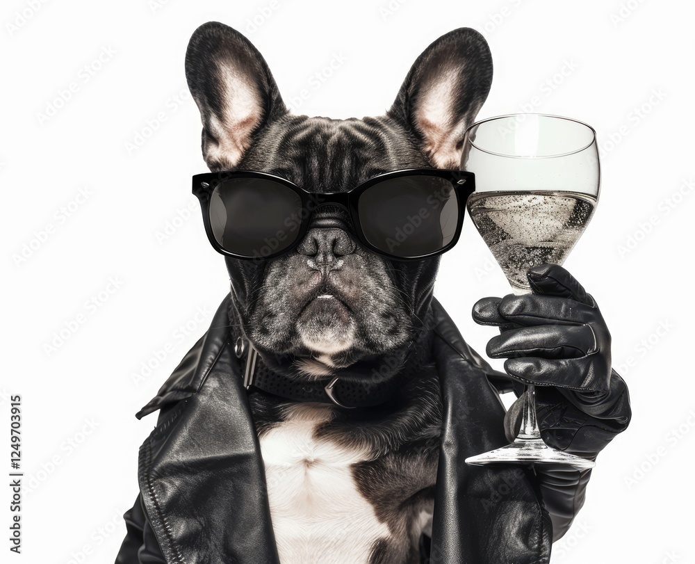 A black bulldog wearing black leather jacket and sunglasses holding a glass of cocktail juice in hand, wearing black leather gloves, AI Generated. A black bulldog wearing black leather jacket and sunglasses holding a glass of cocktail juice in hand, wearing black leather gloves, AI Generated.