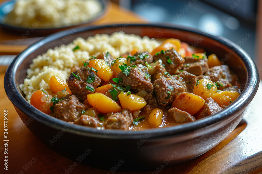 A bowl of stew and rice on a wooden table A bowl of stew and rice on a wooden table