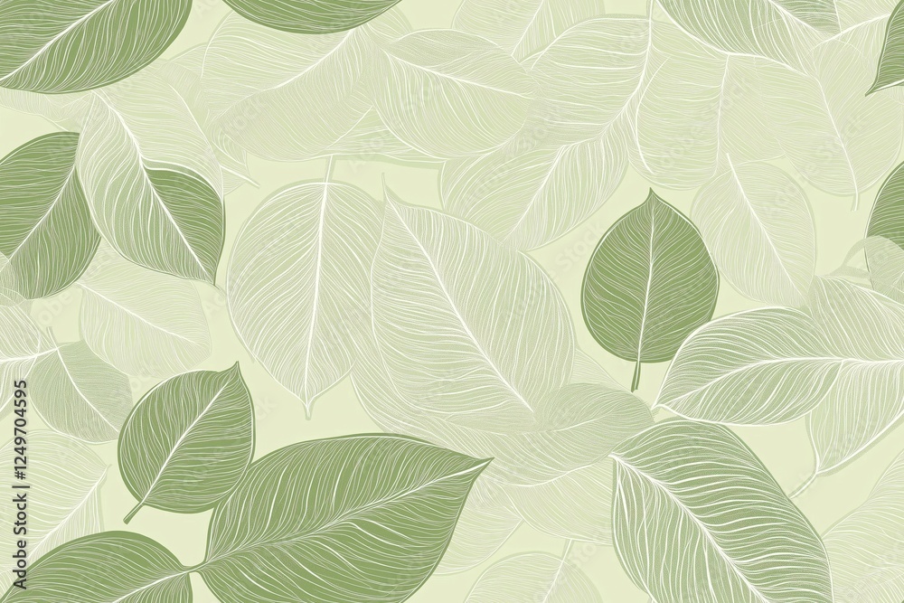Obraz premium Padrão contínuo (seamless pattern) de folhas estilizadas em tons de verde com linhas delicadas em branco, criado com IA generativa.