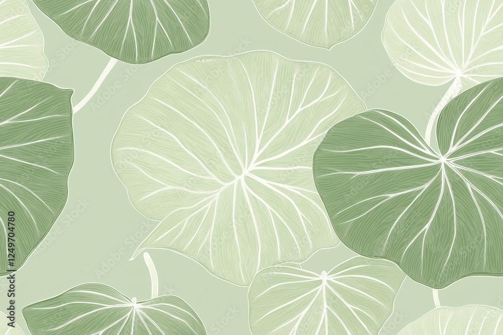 Fototapeta premium Padrão contínuo (seamless pattern) de folhas estilizadas em tons de verde com linhas delicadas em branco, criado com IA generativa.