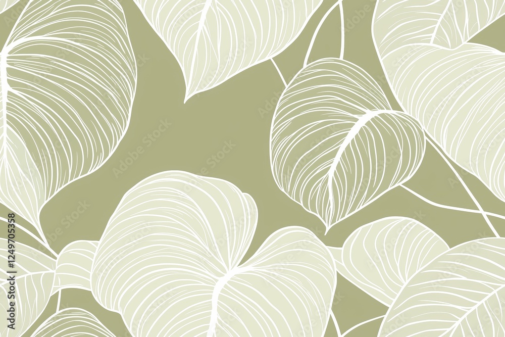 Obraz premium Padrão contínuo (seamless pattern) de folhas estilizadas em tons de verde com linhas delicadas em branco, criado com IA generativa.