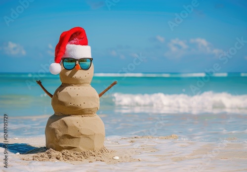 Sand snowman is standing on a tropical beach wearing sunglasses and a santa hat, enjoying a christmas vacation