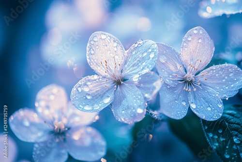 Delicate white cherry blossoms with water drops in morning light. Macro shot of spring flowers with dew against blue bokeh background, showing translucent petals and pink stamens.