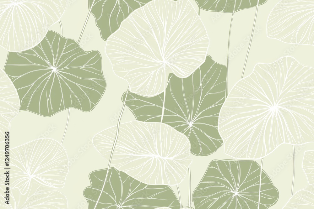 Obraz premium Padrão contínuo (seamless pattern) de folhas estilizadas em tons de verde com linhas delicadas em branco, criado com IA generativa.