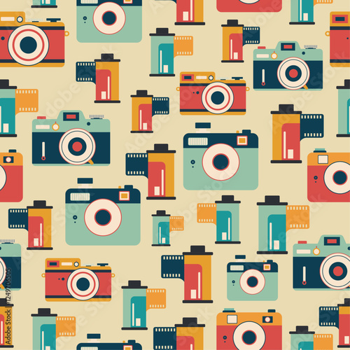 Hand drawn seamless vector pattern with vintage cameras and film strip. Retro background. Colourful backdrop in flat style
