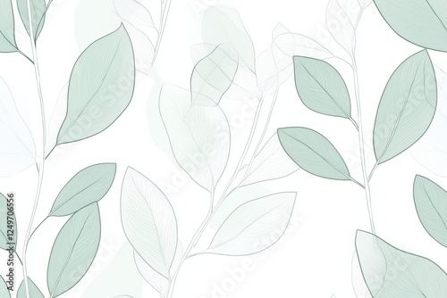 Wallpaper Mural Padrão contínuo (seamless pattern) de folhas estilizadas em tons de verde com linhas delicadas em branco, criado com IA generativa. Torontodigital.ca