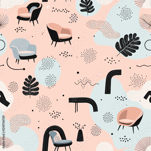 A variety of chairs in different colors and designs, including a blue armchair, a pink armchair, and a black and white chair, all set against a light pink background with black dots and lines.