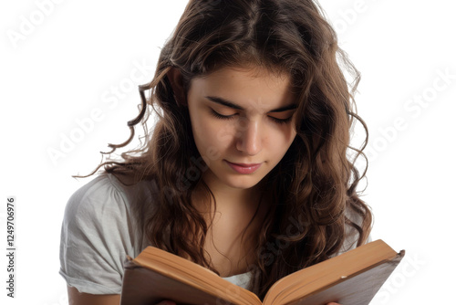 Thoughtful girl reading and imagining isolated on transparent background