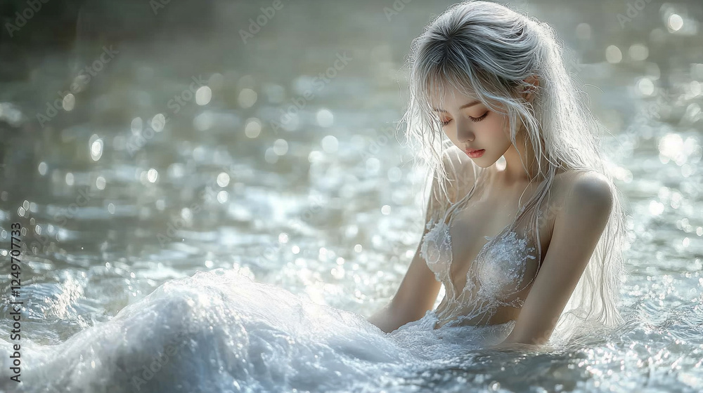 Obraz premium A serene and enchanting Asian fairy girl with pearly white hair, dressed in a see-through gown, posing gracefully amidst a flowing waterfall, symbolizing beauty, purity, and tranquility