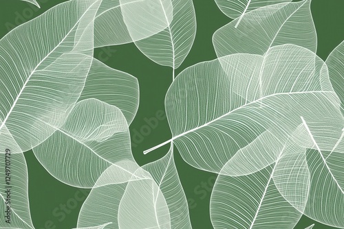 Padrão contínuo (seamless pattern) de folhas estilizadas em tons de verde com linhas delicadas em branco, criado com IA generativa.