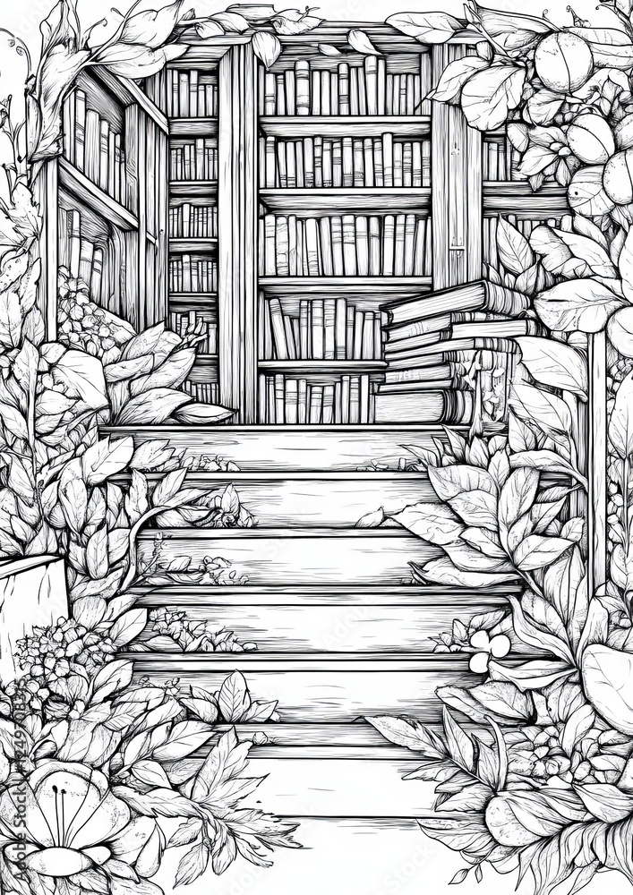 Fototapeta premium Enchanted Library Coloring Page