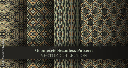 Minimal geometrical rhombus seamless tracery set. British motif ethnic patterns. Rhombus zigzag geometric vector repeat ornament package. Cover background swatches.
