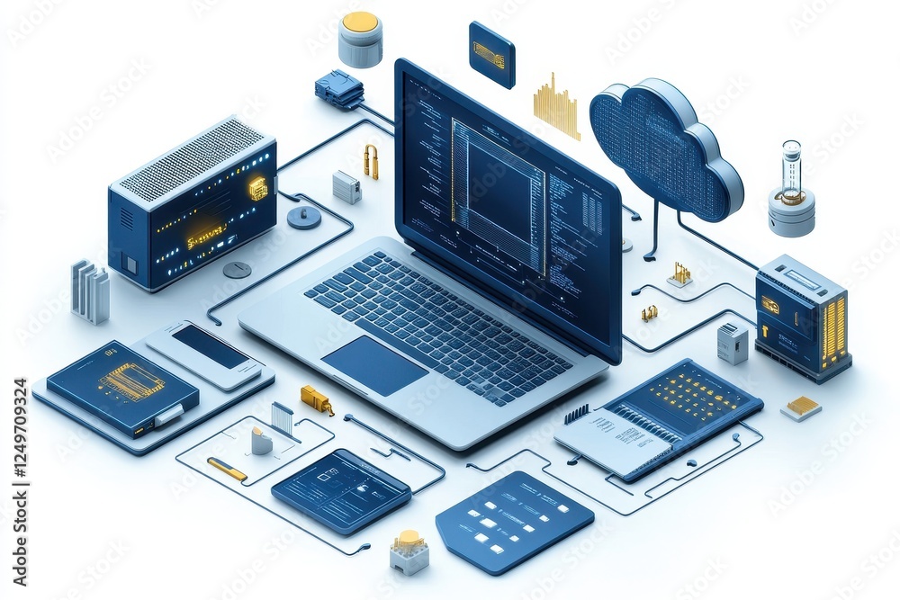 A digital workspace featuring a laptop and various tech components. A digital workspace featuring a laptop and various tech components.