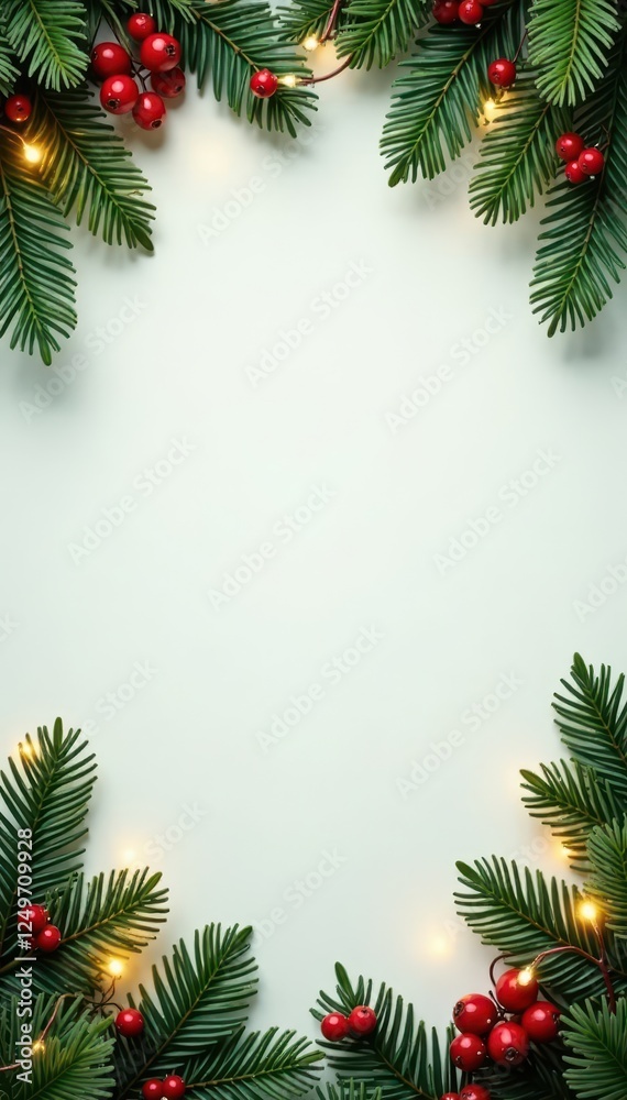 Elegant evergreen border with twinkling lights and berries , christmas, seamless Elegant evergreen border with twinkling lights and berries , christmas, seamless