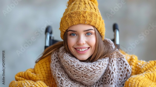Woman in wheelchair in stylish hat, scarf, smiling in artsy accessories