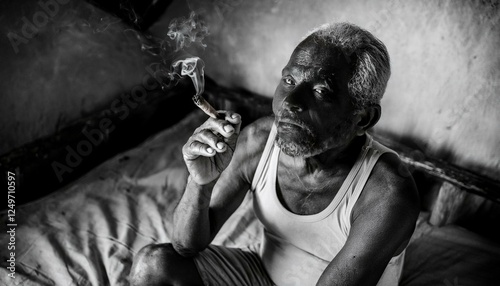 old Central American man in his poor house smoking a cigar, AI g photo