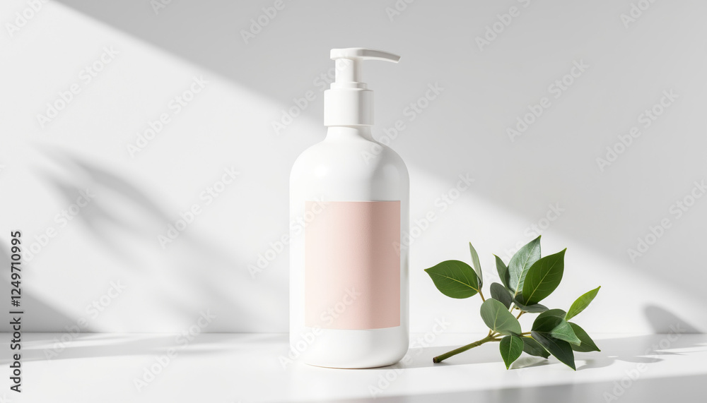 White lotion bottle with minimal design and green plant accent White lotion bottle with minimal design and green plant accent