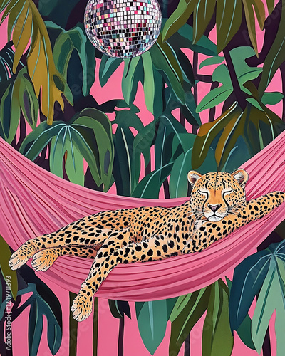 cheetah sleeping in a hammock, jungle with pink and green leaves, pink colors, pink background, gouache painting. The leaves at the bottom are very dense, and there is a silver disco mirror ball hangi