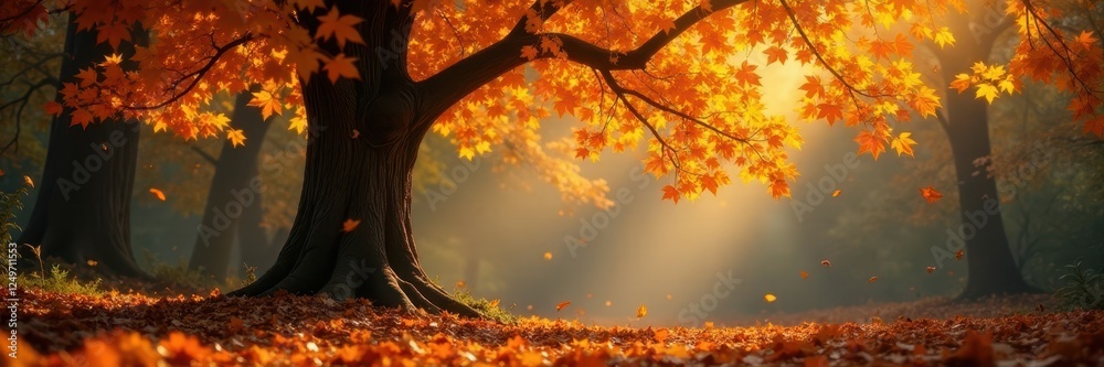 Glowing golden tree shedding leaves in autumn woods , image, wildlife Glowing golden tree shedding leaves in autumn woods , image, wildlife