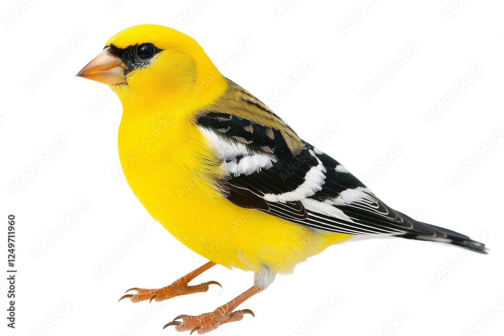 Obraz premium Graceful American goldfinch perched on a twig with bright feathers glowing in the sunlight isolated on transparent background