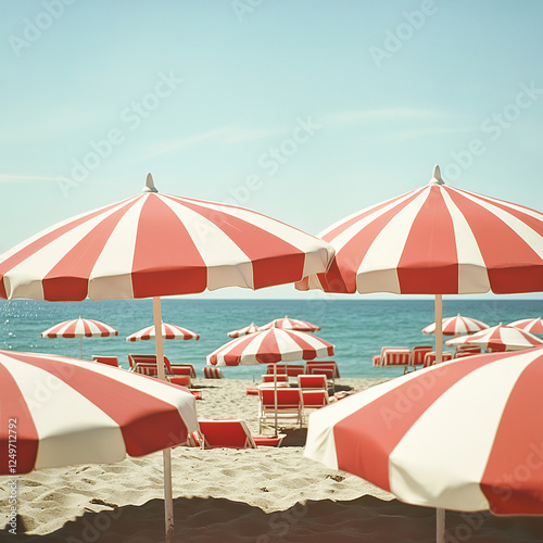 Several red and white umbrellas on the beach, all looking the same, film grain, sunny day