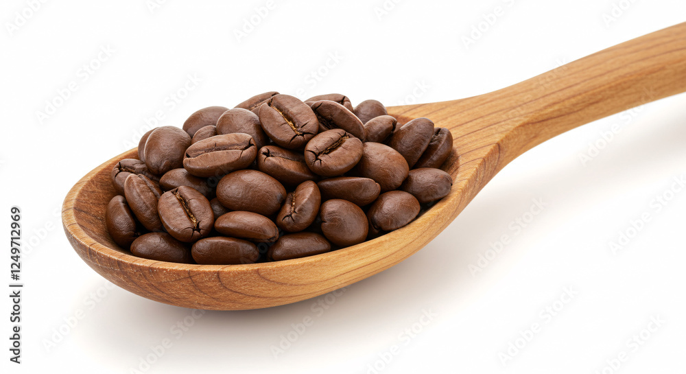 Obraz premium Coffee Bean Spoon: A close-up shot of a wooden spoon brimming with rich, roasted coffee beans, capturing their deep brown color and inviting aroma.