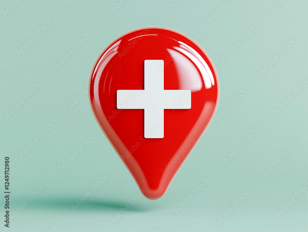 Map pin health symbol in red with white cross on green background Map pin health symbol in red with white cross on green background