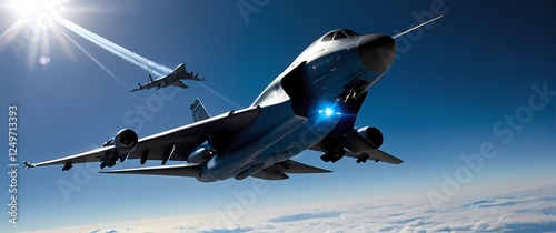 A formidable military jet expertly maneuvering alongside a colossal jumbo jet embodying strength and precision in the stunning blue skies photo