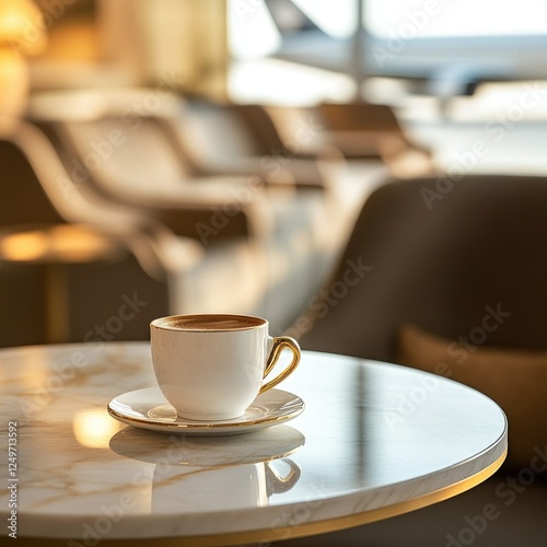 Airport lounge coffee cup, warm light, airplane in background, relaxation