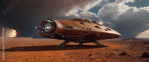 A fantastical landed spaceship resting on a rust colored Martian landscape under an expansive sky filled with swirling clouds of cosmic wonder