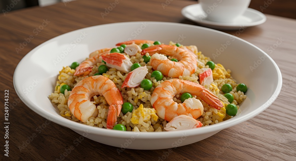 Delicious Shrimp Fried Rice with Peas and Imitation Crab in Bowl