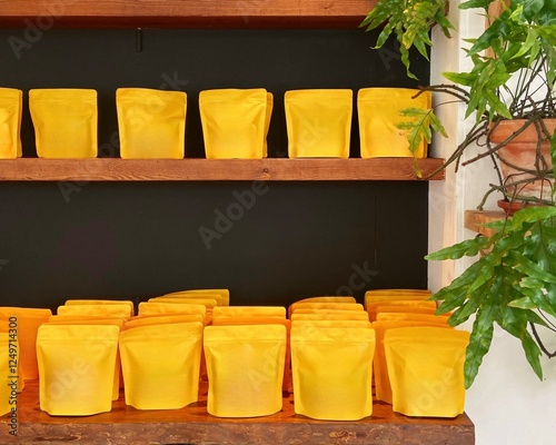 Stylish Cafe Display with Yellow Coffee Bags on Wooden Shelves and Green Plants