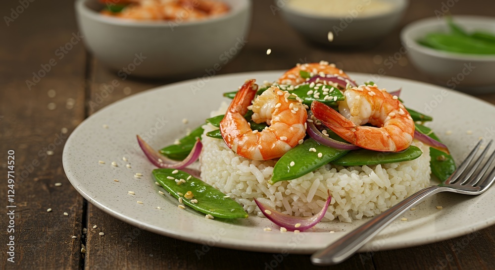 Delicious Shrimp Stir Fry with Snow Peas and Rice on Plate Delicious Shrimp Stir Fry with Snow Peas and Rice on Plate