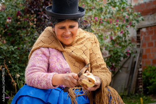 old cholita woman in pollera peeling potatoes with a knife in the backyard of her house - housework concept