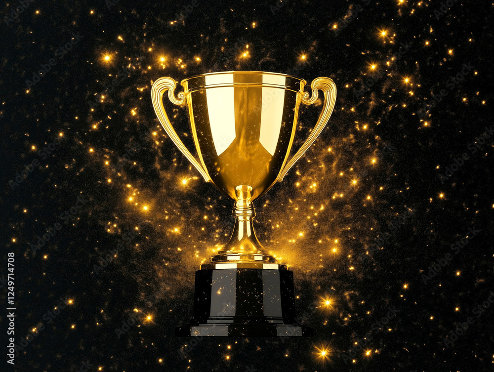 Trophy award on a black background with sparkling lights showcasing achievement and success Trophy award on a black background with sparkling lights showcasing achievement and success