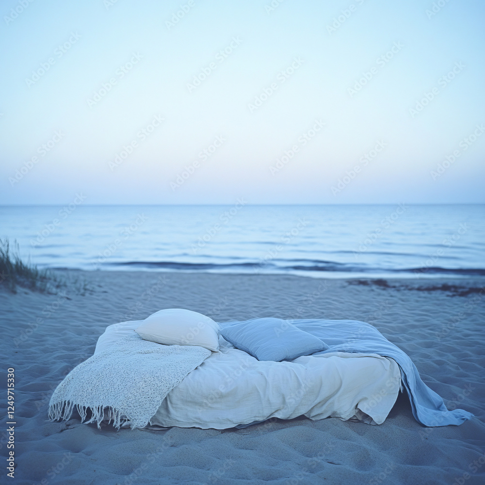 A photo of an empty beach with ripples of soft sand, the sea is in the background, on the beach there is a bed made of white and blue blankets, a pillow next to it, soft light, twilight, soft colors i A photo of an empty beach with ripples of soft sand, the sea is in the background, on the beach there is a bed made of white and blue blankets, a pillow next to it, soft light, twilight, soft colors i