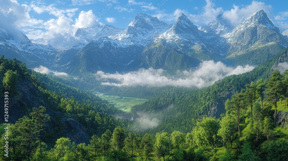 Obraz premium Alpine valley panorama, snow-capped peaks, lush forests, morning mist