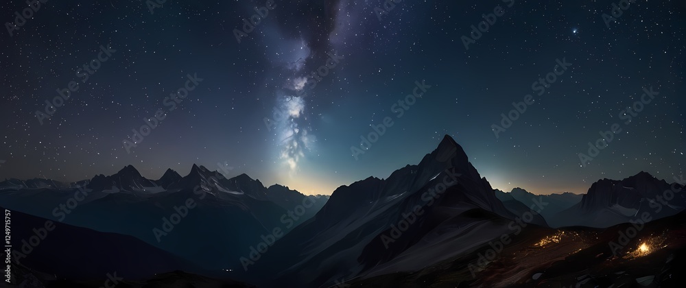 A dramatic view of stars twinkling over a mountain range illuminating the vastness and beauty of the night sky above majestic peaks A dramatic view of stars twinkling over a mountain range illuminating the vastness and beauty of the night sky above majestic peaks