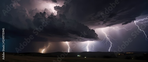 A dramatic portrayal of a stormy sky overhead with rolling thunderclouds tackling bright flashes of lightning illuminating the darkened landscape