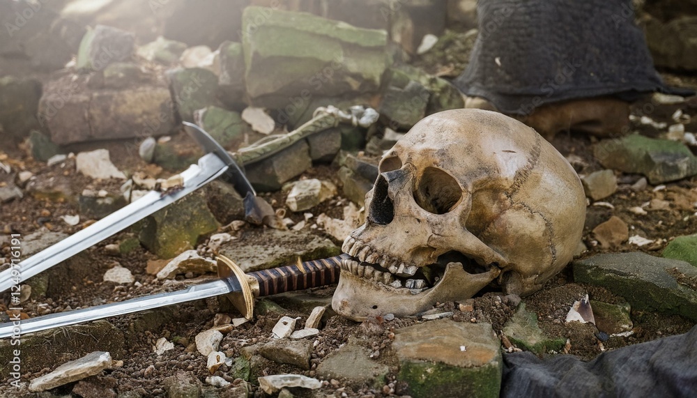 Fototapeta premium 고대 전장의 잔해 속, 부러진 검과 갑옷 조각 사이에 놓인 해골