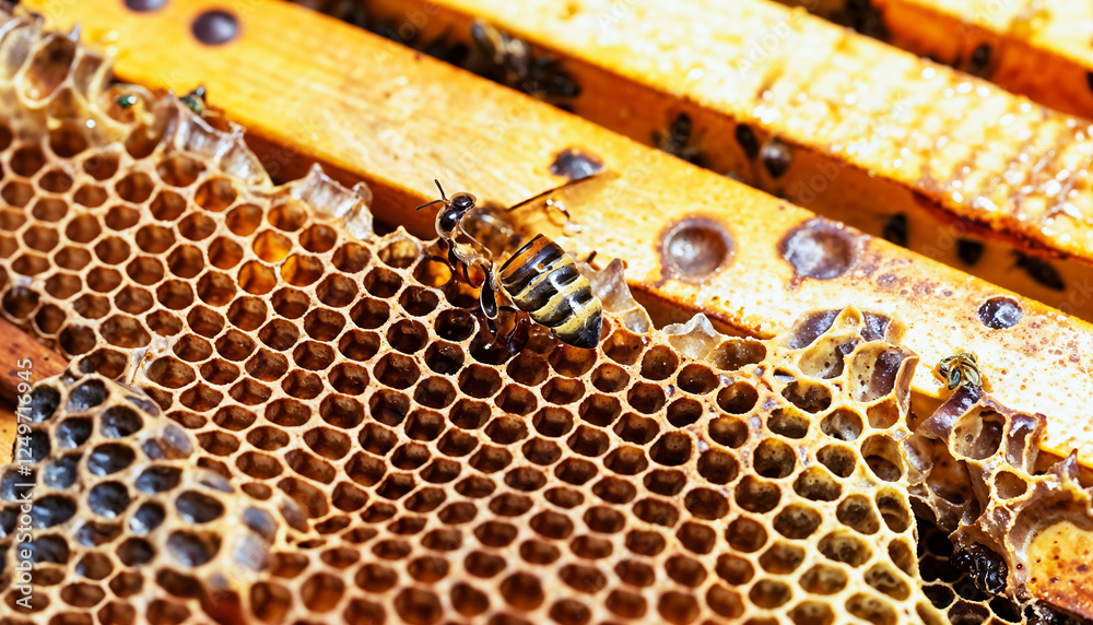 A CloseUp of Honeycomb with Bees in their Natural Habitat and Environment Beautifully Captured A CloseUp of Honeycomb with Bees in their Natural Habitat and Environment Beautifully Captured