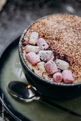 Cup of hot chocolate with marshmallows and cocoa powder on a rustic dark background