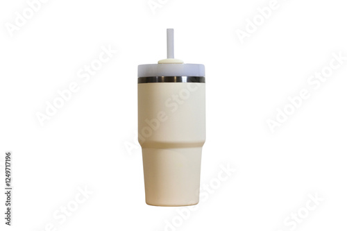 Minimalist Beige Insulated Tumbler with Straw Isolated with No Background