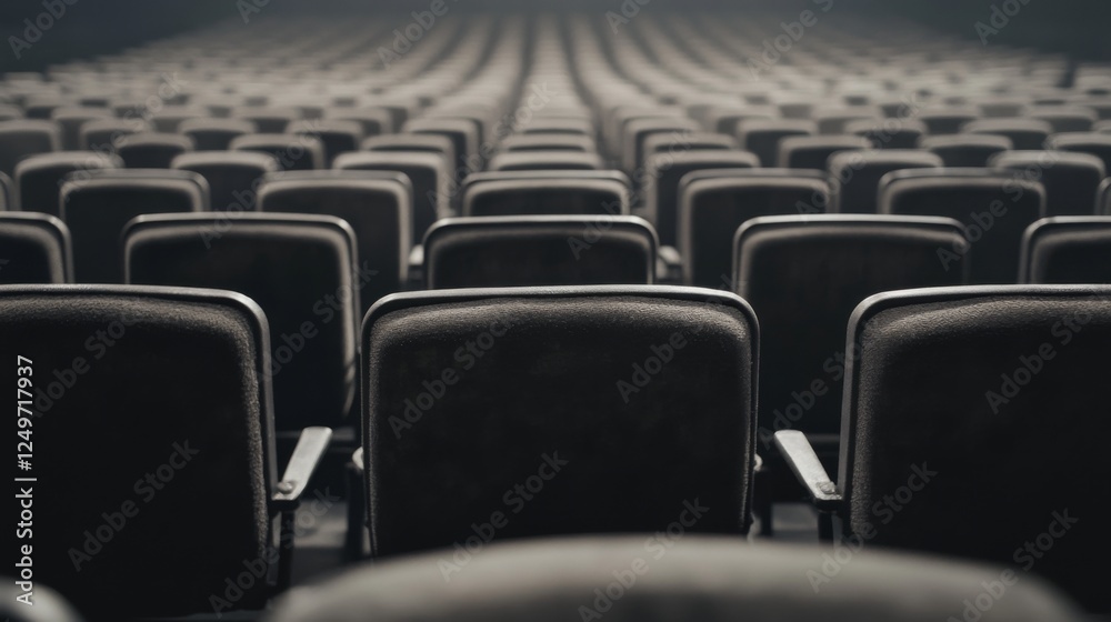 Fototapeta premium Empty theater seats, rows converging, dark hall. Use Event promotion
