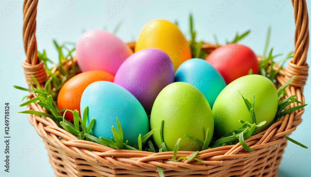 Colorful Easter eggs in a basket with green grass, Colorful Egg Dyeing, Easter Colorful Easter eggs in a basket with green grass, Colorful Egg Dyeing, Easter
