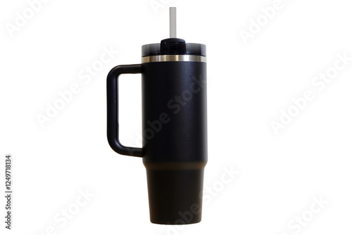 Minimalist Black Insulated Tumbler with Handle and Straw Isolated with No Background