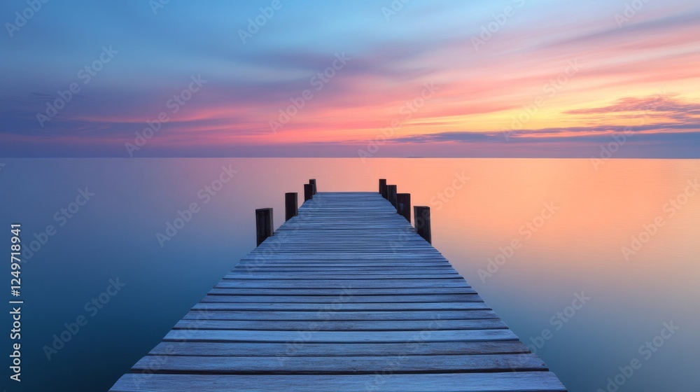 Fototapeta premium Serene Sunrise Pier Over Calm Water - Peaceful Landscape