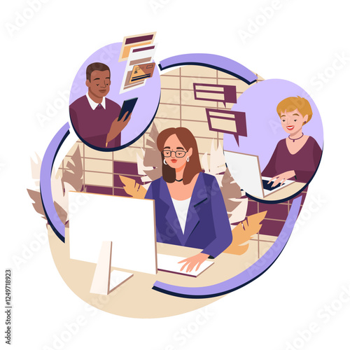 Vector colorful illustration, business online meeting, conference call, video communication, remote colleagues, team lead. Vector illustration