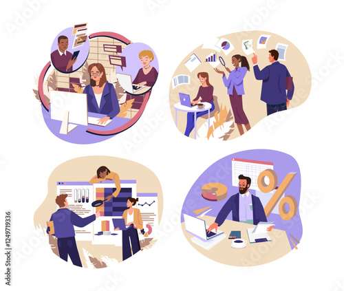 Set of vector illustrations, business doodles, bubble style, people in the office, conference, presentation, meeting, reports, accounting, team lead, director, employees. Vector illustration