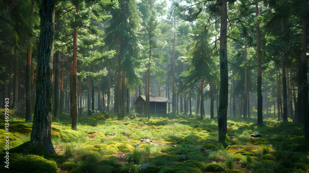 Obraz premium Serene Pine Forest with Sunlit Canopy and Secluded Wooden Cabin